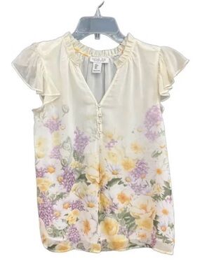 Rachel Zoe Floral Ruffle Sleeve Blouse in Cream and Lavender -